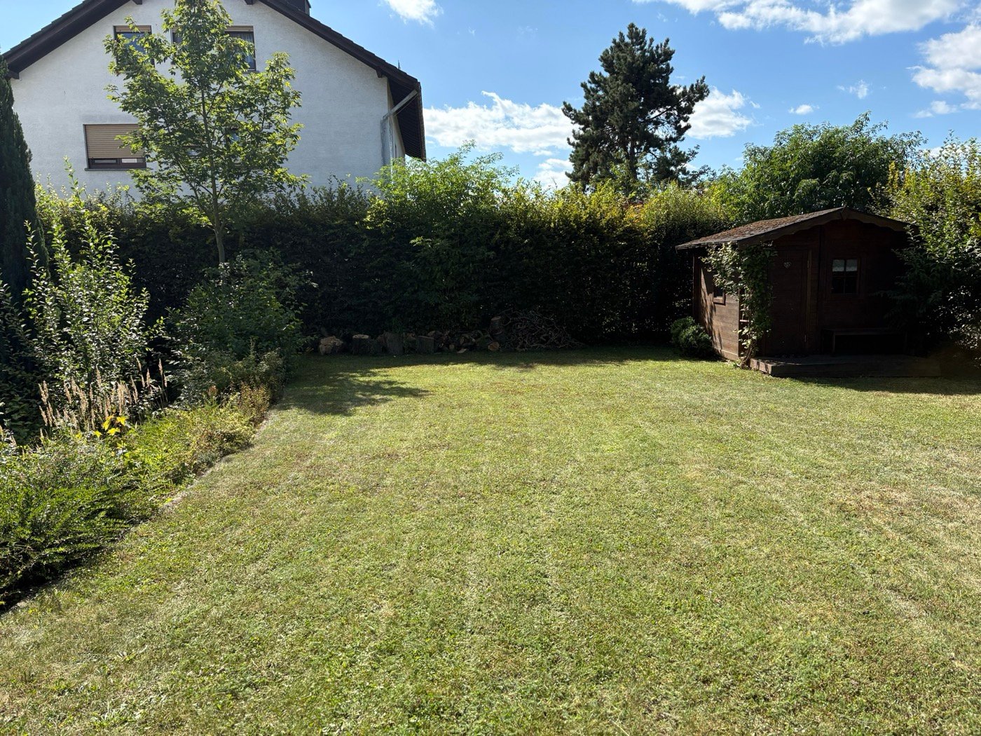 Gemähter Rasen mit Gartenhaus